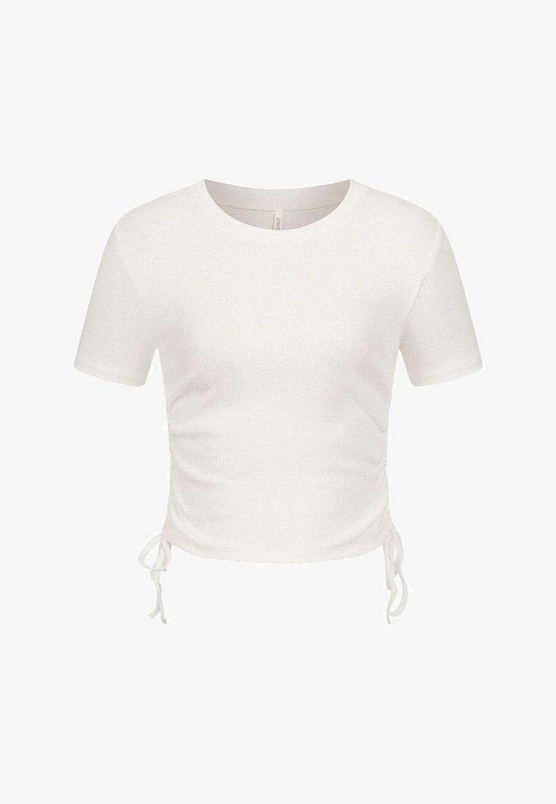 Biely rebrovaný crop top s krátkymi rukávmi, ktorý má bočné šnúrky na úpravu a okrúhly výstrih. Mäkká textúra.