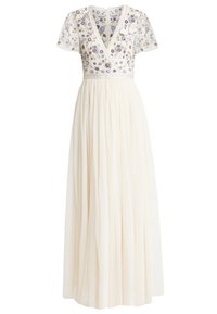 Maxikleid in Elfenbein mit Blumenstickerei auf einem transparenten Oberteil, V-Ausschnitt, kurzen Ärmeln und einem strukturierten Tüllrock.