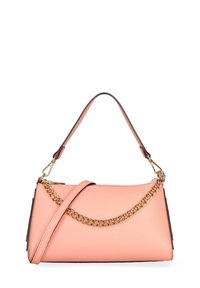 Borsa in pelle rosa con forma strutturata, caratterizzata da un accento a catena, cinturino regolabile e bordi neri lungo i lati.