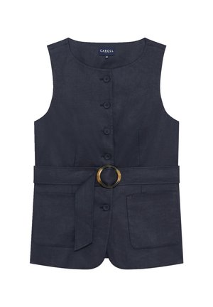 Gilet sans manches bleu marine foncé avec encolure ronde, boutons sur le devant, deux poches appliquées basses, et ceinture assortie avec une boucle ronde en écaille de tortue.