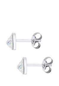 Silberfarbene Ohrstecker mit dreieckigen, klaren Kristallsteinen mit facettiertem Schliff. Einfaches Design mit Sicherheitsverschlüssen.