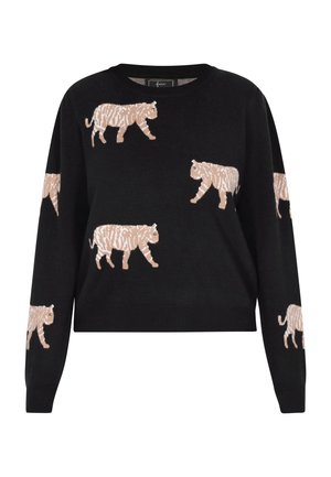 Black knitted sweater featuring light brown embroidered tigers walking across the fabric. Crew neck, long sleeves, and relaxed fit.