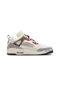 Hvide lædersneakers med grå elefantprintdetaljer, røde silikoneøjer og branding, der har en synlig air-enhed og en tekstureret gummisål.