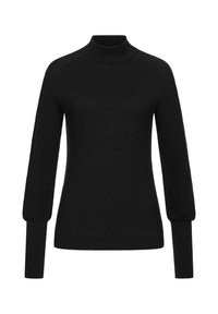 Schwarzer langärmliger Pullover mit hohem Kragen, strukturiertem Strickmuster und verlängerten gerippten Bündchen an jedem Ärmel.