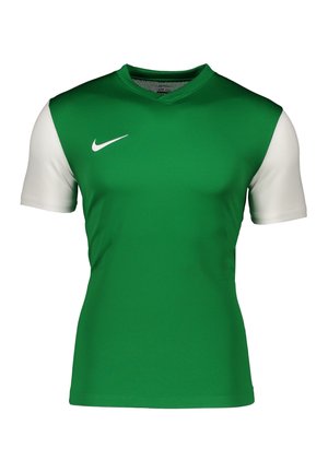 Zielona koszulka sportowa z białymi krótkimi rękawami, zaprojektowana w stylu v-neck, z wyraźnym czarnym logo Nike na lewej piersi. Lekki, oddychający materiał.