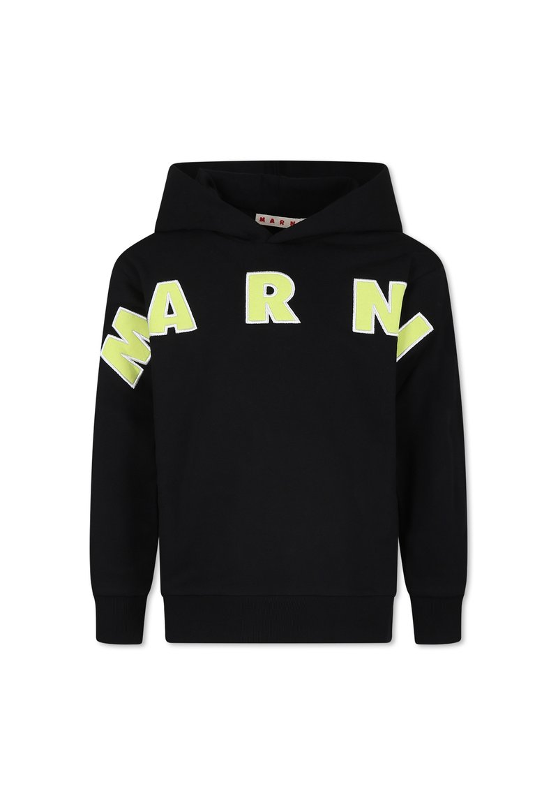 Felpa nera con cappuccio con grandi lettere gialle ricamate che spellano "MARNI" sul davanti. Polsini e orlo a coste. Materiale in cotone morbido.