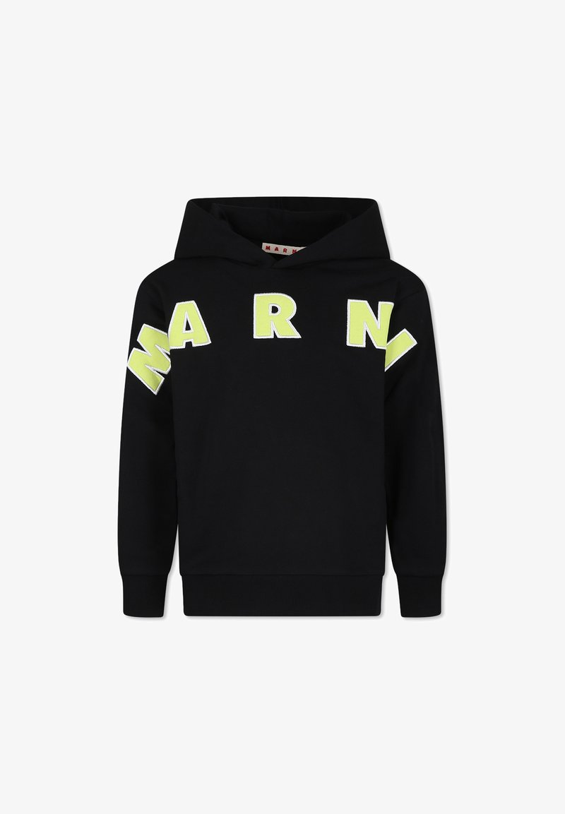 Felpa nera con cappuccio con grandi lettere gialle ricamate che spellano "MARNI" sul davanti. Polsini e orlo a coste. Materiale in cotone morbido.
