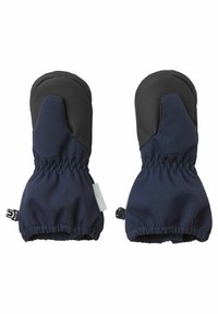 Navyblaue Fäustlinge aus weichem Stoff mit einem strukturierten schwarzen Grip auf den Handflächen. Elastischer Handgelenksverschluss für einen perfekten Sitz.