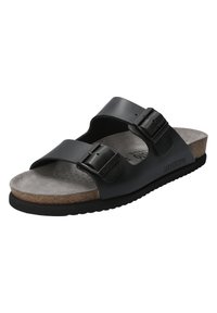 Zwarte slide-sandalen met twee verstelbare gespen, een zachte textuur onder de voet en een kurken tussenzool op een flexibele rubberen buitenzool.