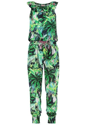 Kombinezon w żywym zielonym tropikalnym wzorze z falbaną przy dekolcie, elastyczną talią i zwężanymi mankietami; wyposażony w pasek ze sznurkiem i kwiatowe ozdoby.