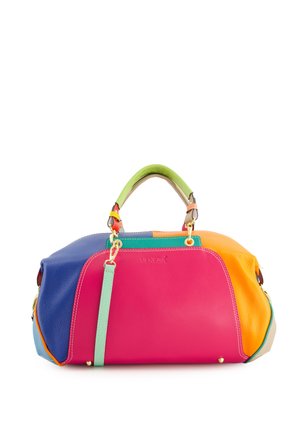 Colorful handbag made of textured leather. Features bold sections in pink, blue, orange, and green. Includes dual handles and a detachable strap.
