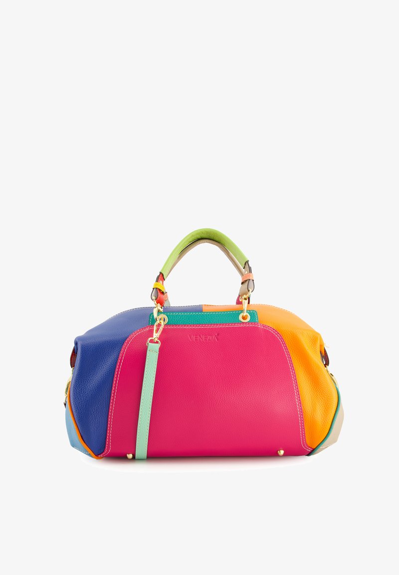 Bunter Handtasche aus strukturiertem Leder. Verfügt über kräftige Abschnitte in Pink, Blau, Orange und Grün. Enthält zwei Griffe und einen abnehmbaren Gurt.
