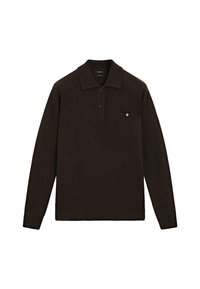Pullovers di maglia marrone con collo, due bottoni e una piccola tasca sul petto. Presenta polsini e orlo a costine per una vestibilità strutturata.