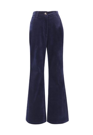 Marineblaue, ausgestellte Cordhosen mit Knopfverschluss, zwei Fronttaschen und einer glatten, weichen Textur. Maßgeschneiderte Passform mit leichtem Stretch.
