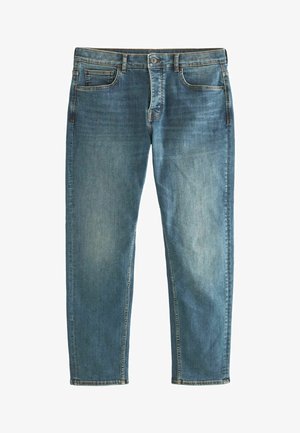 Jeans din denim de culoare albastră deschisă, cu o croială confortabilă, având cinci buzunare, închidere cu nasture și detalii de decolorare pentru un aspect uzat.