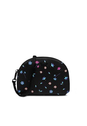Black synthetic crossbody bag with a rounded shape, featuring multicolored floral patterns and a zipper closure. Adjustable strap included.
