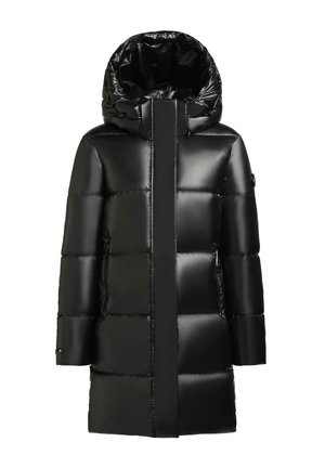 Black puffer coat featuring a shiny, padded exterior, a high collar, and a zippered front. The sleeves are slightly wide with a textured finish.