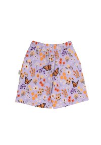 Purple shorts with an elastic waistband, featuring a floral pattern with orange, yellow, and purple flowers and butterflies.