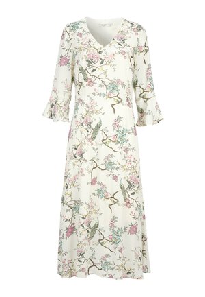 Weißes Midikleid mit V-Ausschnitt, 3/4 Glockenärmeln und Blumenmuster mit Zweigen, rosa und blauen Blumen sowie grünen Vögeln.