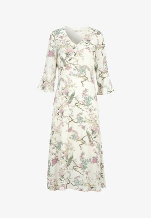 Weißes Midikleid mit V-Ausschnitt, 3/4 Glockenärmeln und Blumenmuster mit Zweigen, rosa und blauen Blumen sowie grünen Vögeln.