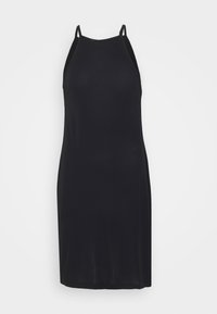 Robe midi noire sans manches avec fines bretelles et encolure droite sur fond blanc.