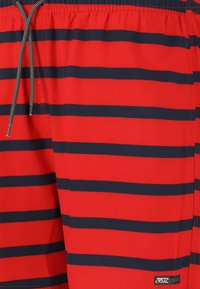 Un short de bain rouge avec des rayures horizontales bleu marine, une taille élastique et un cordon de serrage. Présente une petite étiquette avec un logo en bas à gauche.