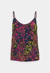 Svart blommig topp med justerbara axelband, som har livfulla mönster av rosa, gult och grönt på mjuk tyg. Lätt vikt.