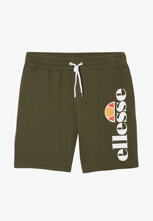 Olivgrüne Shorts aus Baumwolle, mit einem weißen Kordelzug, seitlichen Taschen und einem großen weißen "ellesse"-Logo mit buntem Akzent.