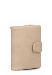 Billetera de cuero beige con un cierre a presión, de pie sobre un fondo blanco.