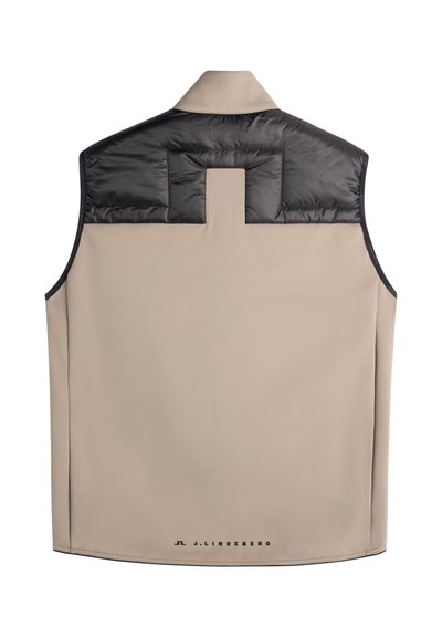 Gilet smanicato beige con giogo imbottito nero e colletto alto, con marchio "J.LINDEBERG" al centro della parte bassa della schiena.