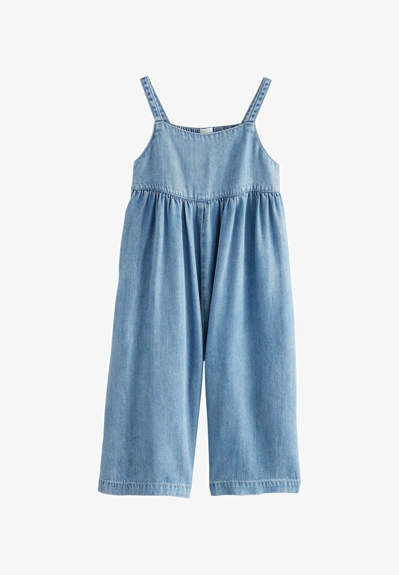 Lyseblå denim-dragt til børn med spaghettistropper og vide ben, med en rynket taljedetalje.