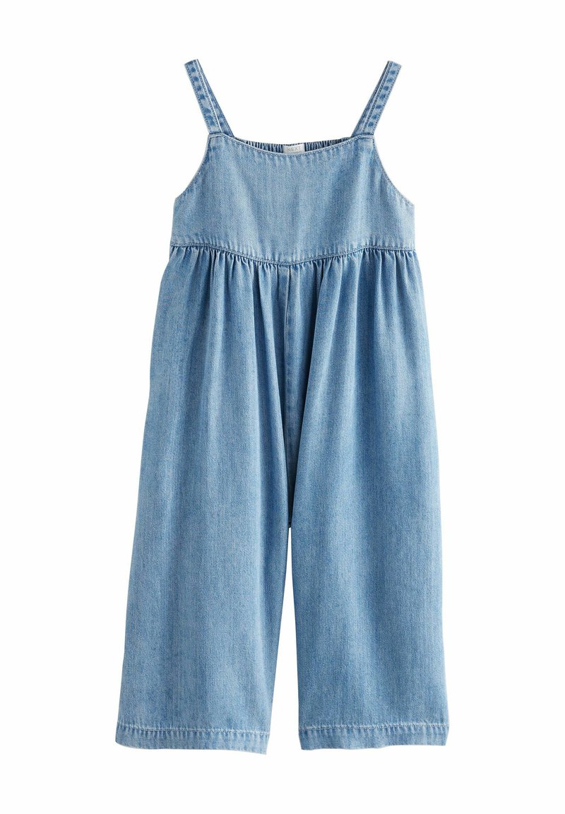Salopetă din denim de culoare albastru deschis, cu bretele subțiri și ajustabile, un corset plisat și picioare largi, lejere. Textură netedă.