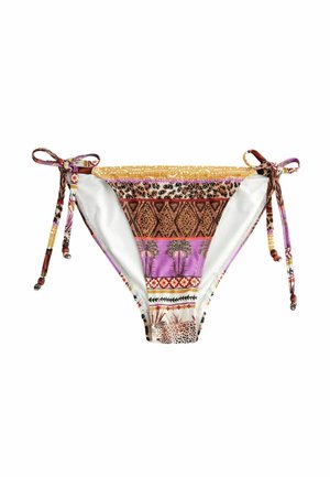Bikini apakšda ar daudzkrāsu dizainiem purpursarkanā, brūnā un zelta krāsā, ar baltu iekšējo oderi un regulējamiem sānu saitēm. Strukturēta auduma.