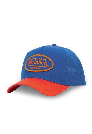 Casquette bleue et orange avec un visère incurvée, dos en mesh et un logo brodé "Von Dutch California" bien visible à l'avant.