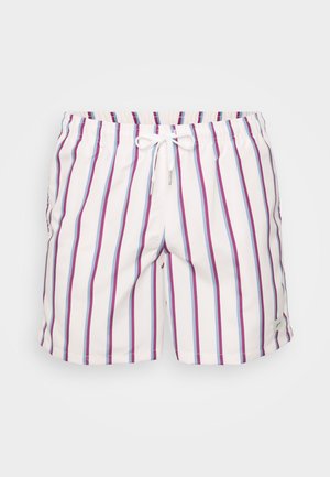 Férfi úszónadrág könnyű anyagból, rózsaszín, kék és fehér függőleges csíkokkal. Rugalmas derékpánt zsinórral, oldalzsebekkel.