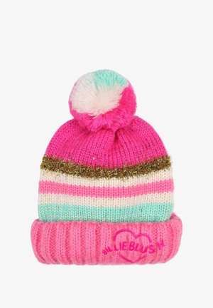 Strikket hue med pink, lyseblå og hvide striber, guldglitter bånd, toppet med en stor multicolor pom-pom. Inkluderer logo på kanten.