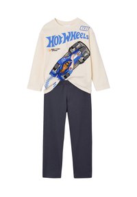 Cream long-sleeve shirt with blue Hot Wheels race car graphic and navy blue pants, kids' casual outfit.