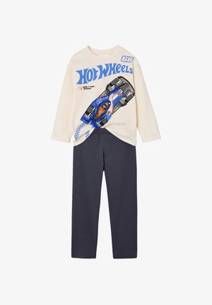 Cream long-sleeve shirt with blue Hot Wheels race car graphic and navy blue pants, kids' casual outfit.