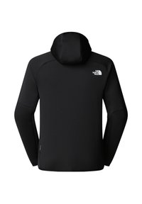 Schwarze Kapuzenjacke mit glatter Oberfläche, die ein Logo im oberen Rückenbereich und ein nahtloses Design an den Schultern und Ärmeln aufweist.