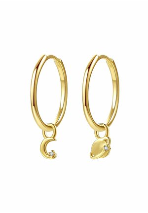 Gold hoop earrings featuring a crescent moon and a small planet charm, both adorned with a crystal accent. Smooth, shiny finish.