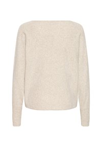 Ljust beige tröja, mjuk textur, rund halsringning, långa ärmar, avslappnad passform och sömlös design. Inga synliga knäppningar eller mönster.