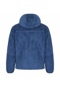 Giacca in pile blu, morbida e pelosa, con cappuccio, caratterizzata da una vestibilità dritta e senza hardware o dettagli visibili sul retro.