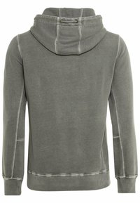 Gray hooded sweatshirt with a drawstring at the neck, ribbed cuffs, and hem. Smooth texture with contrasting stitching details.