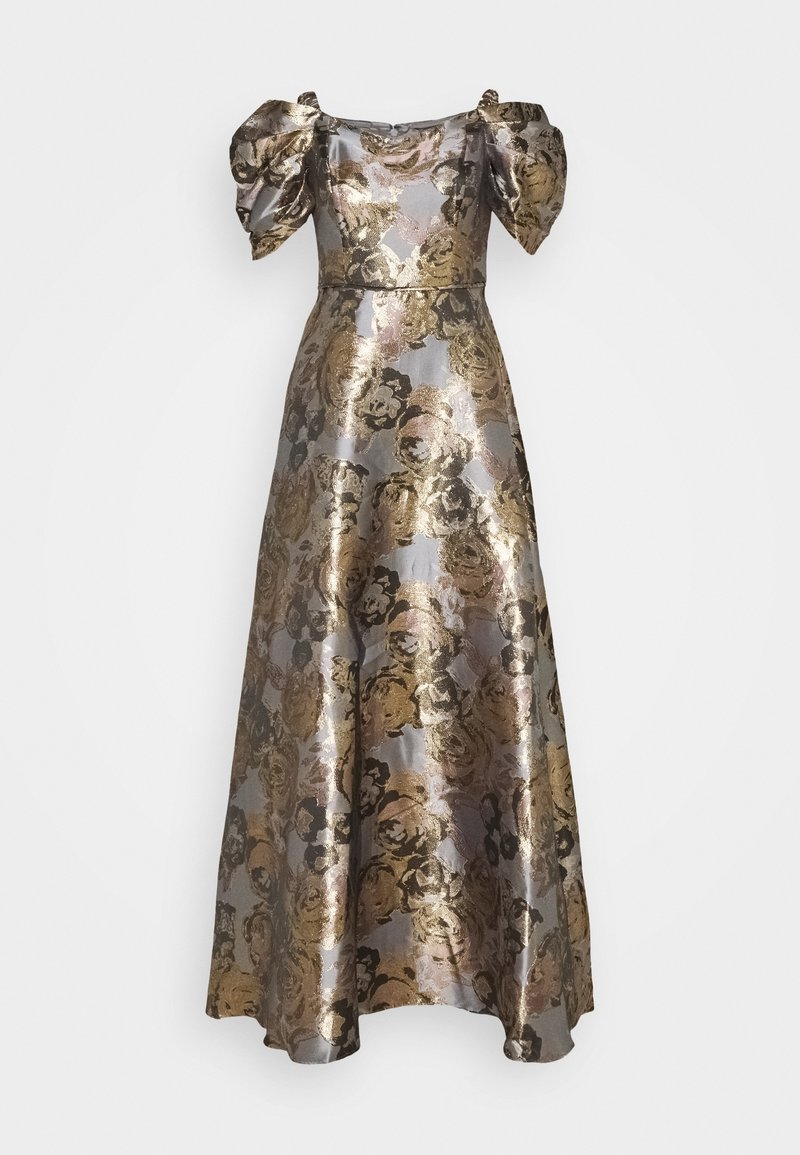 Long dress with puff sleeves, metallic floral pattern in gold and bronze on a silver base, smooth texture, and full-length skirt.