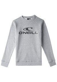 Sudadera gris de tela suave con un cuello redondo y puños de canalé. Gran logo negro "O'NEILL" en la parte delantera.