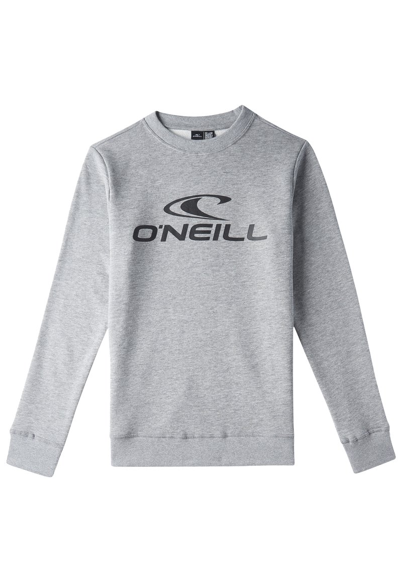 Sudadera gris de tela suave con un cuello redondo y puños de canalé. Gran logo negro "O'NEILL" en la parte delantera.