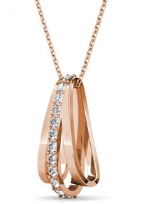 Halskette aus Roségold mit ineinander geschlungenen Schlaufen, von denen eine mit funkelnden klaren Edelsteinen besetzt ist, die an einer feinen Kette hängen.