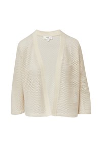 Leichtgewichtige Creme-Cardigan aus einem strukturierten, offenen Strickstoff. Mit tiefem V-Ausschnitt und drei Viertel langen Ärmeln.