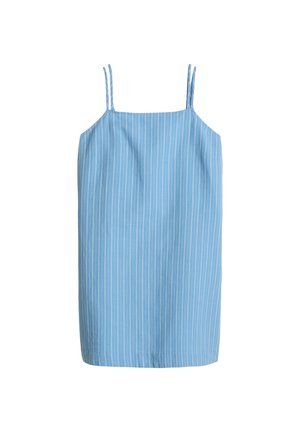 Ärmelloses blaues Camisole-Top mit dünnen Schulterträgern und vertikalen weißen Nadelstreifen, dargestellt auf schlichtem weißem Hintergrund.