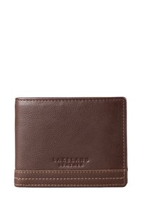 Brown leather wallet with a textured finish, featuring pronounced stitching and embossed "Lakeland Leather" branding on the front.